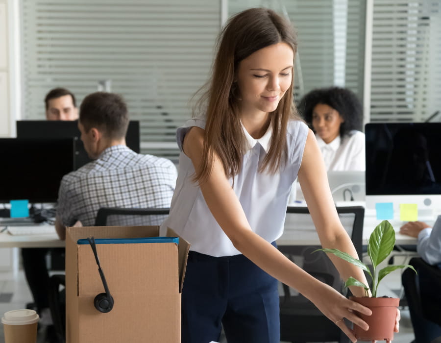Ung kvinde sætte plante på kontor